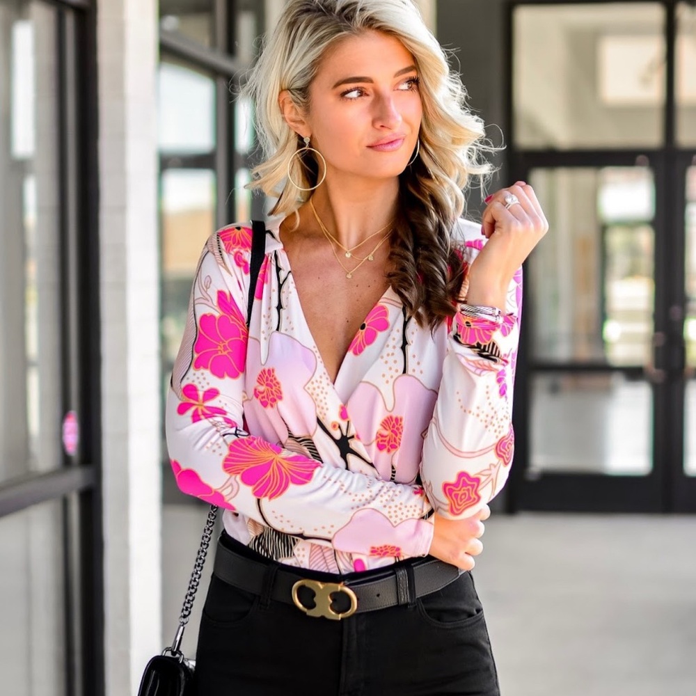 Express Pink Floral Surplice Bodysuit